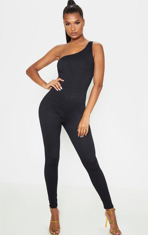 Black Rib One Shoulder Sleeveless Jumpsuit