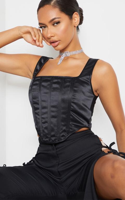 Black Satin Binding Panel Detail Cropped Corset