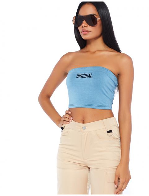 Blue Slogan Bandeau Top