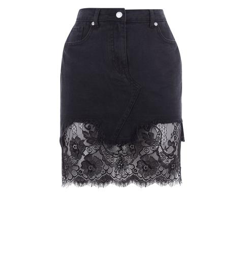 Parisian Dark Grey Lace Hem Denim Skirt New Look