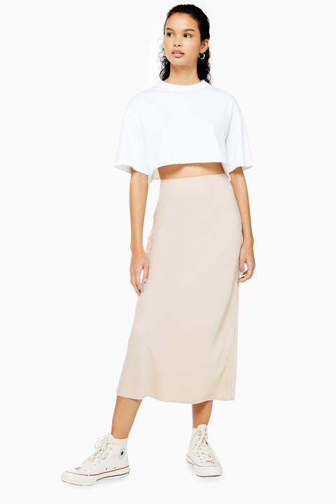 Womens Matte Stone Satin Bias Midi Skirt - Stone, Stone