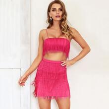 Conjunto Top De Tirante Corto Con Diseño De Fleco Con Falda