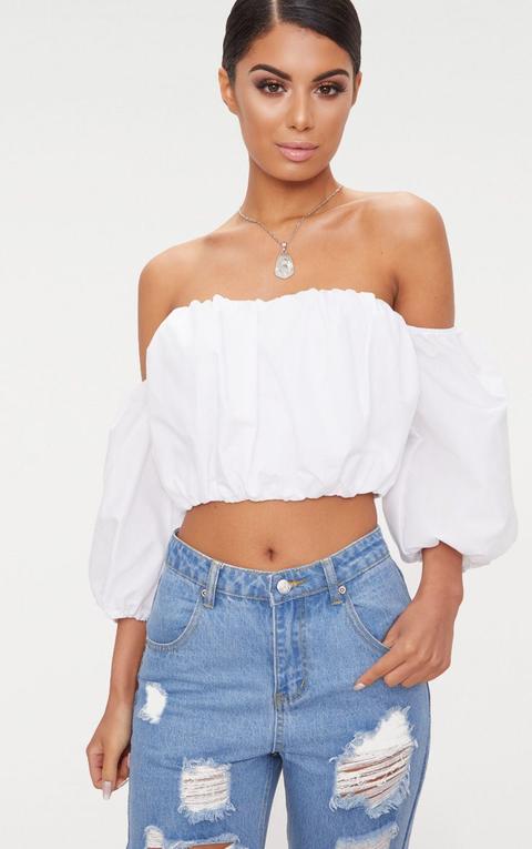 White Puff Hem Bardot Crop Top