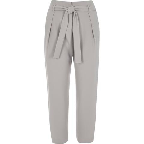 Light Grey Tie Waist Tapered Trousers