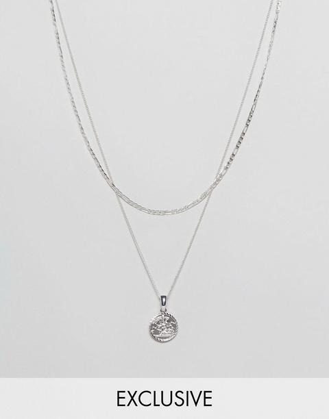 Chained & Able - Collana A Strati Con Piccolo Medaglione Argento Stile Monarca - In Esclusiva Per Asos - Argento