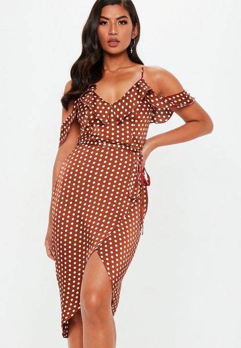 Rust Spot Print Satin Frill Midi Tea Dress, Rust