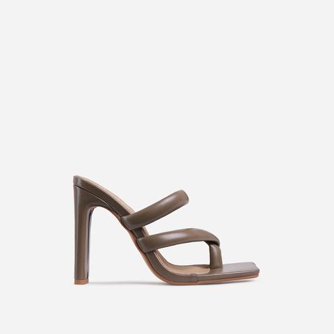 Fuji Square Toe Padded Strappy Think Block Heel Mule In Khaki Green Faux Leather, Green