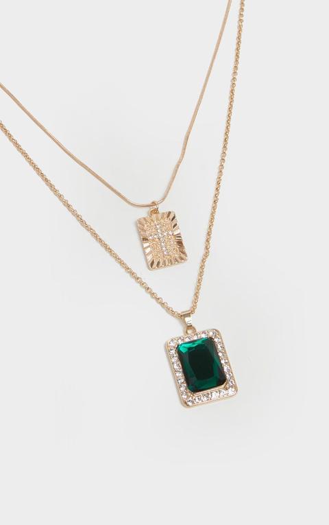 Gold Cross And Green Gemstone Pendent Layering Necklace