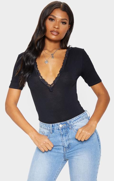 Black Lace Trim Plunge Short Sleeve Bodysuit