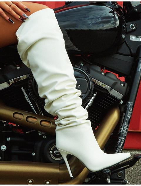 Impulse White Pu Slouch Stiletto Heeled Over The Knee Boots