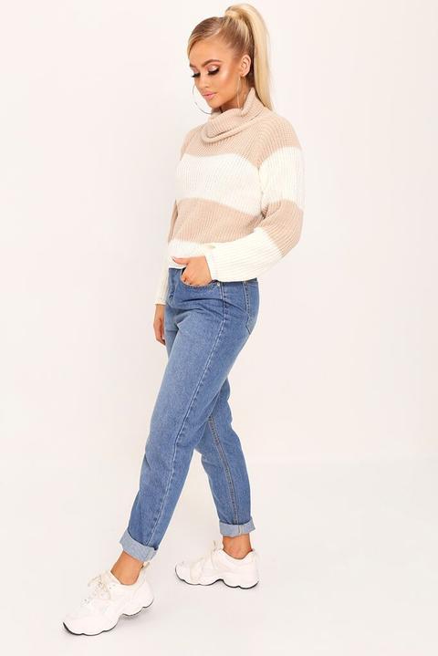 Stone Thick Stripe Knitted Roll Neck Jumper