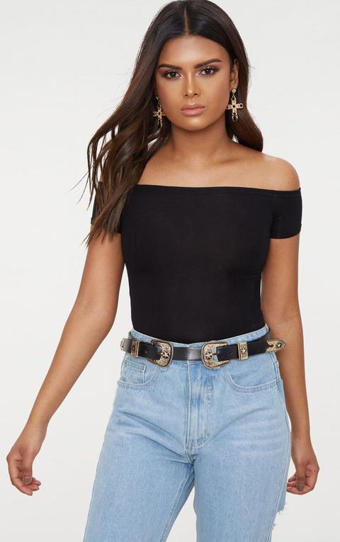 Petite Black Bardot Short Sleeve Bodysuit, Black