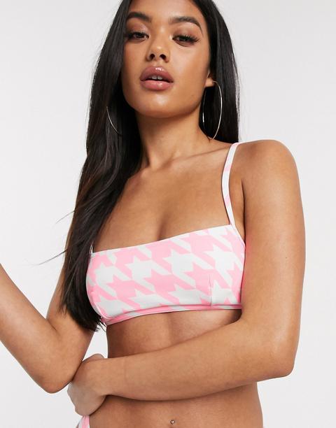 Asos Design Square Neck Rib Skinny Crop Bikini Top In Neon Pink Hounds Tooth Print-multi