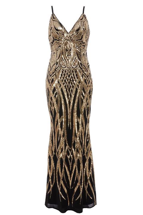 black and gold v neck fishtail maxi dress