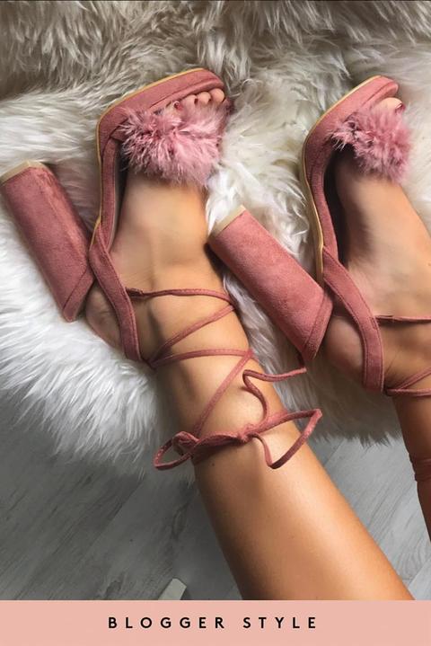 Olivia Buckland Pink Feather Vamp Block Heels