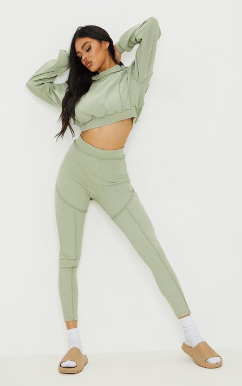 Sage Green Heavy Ribbed Overlock Detail Leggings