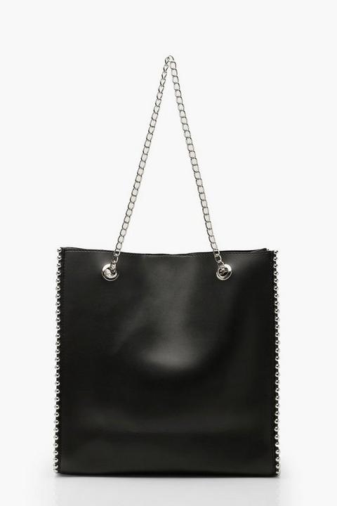 Womens Premium Pu & Metal Bead Detail Tote Bag - Black - One Size, Black