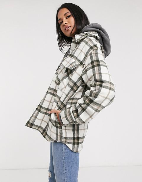 Monki Hazel Check Shacket In Brown