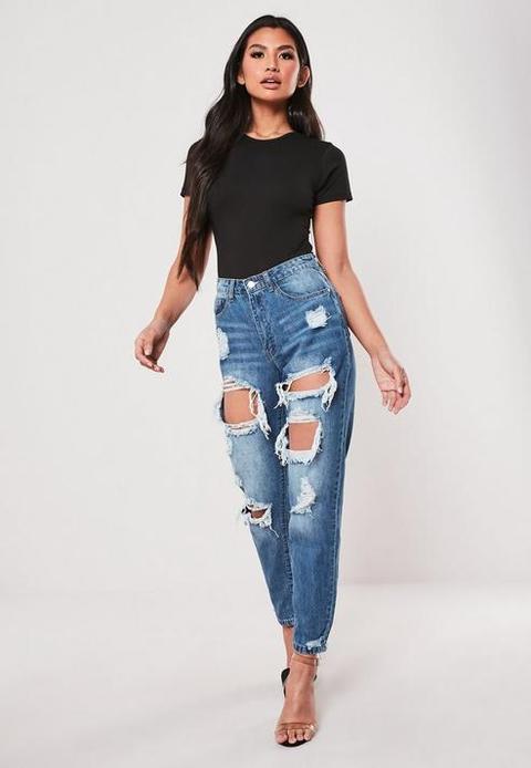 Petite Blue High Rise Ripped Jeans, Blue