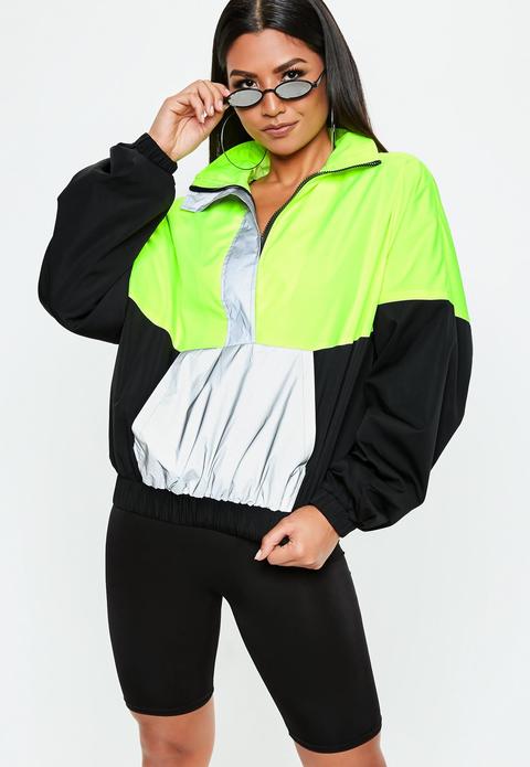 Neon Green Colour Block Reflective Windbreaker Jacket, Green