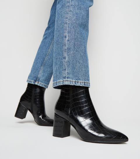 Black Faux Croc Ankle Boots New Look Vegan