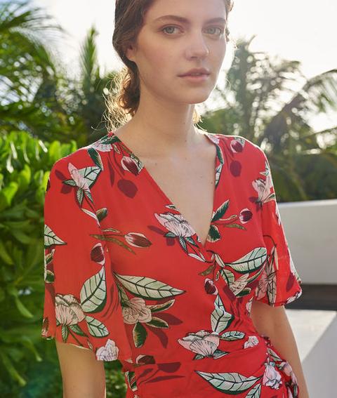 Vestido Escote Cruzado Estampado Floral Y Volantes - Laura - S - Rojo - Mujer - Etam