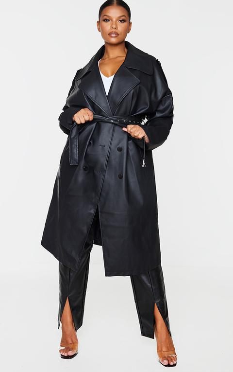 Plus Black Faux Leather Drop Arm Midi Trench