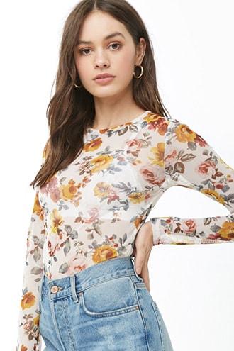 Forever 21 Sheer Floral Print Top , Cream/multi