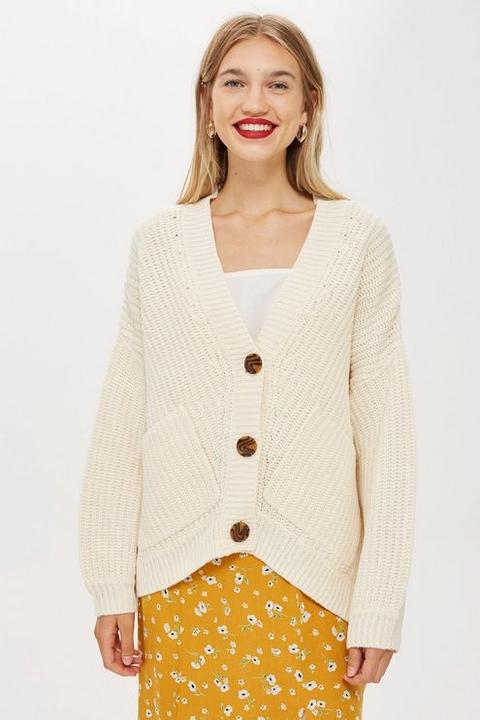 Womens Deflected Ribbed Cardigan - Ivory, Ivory