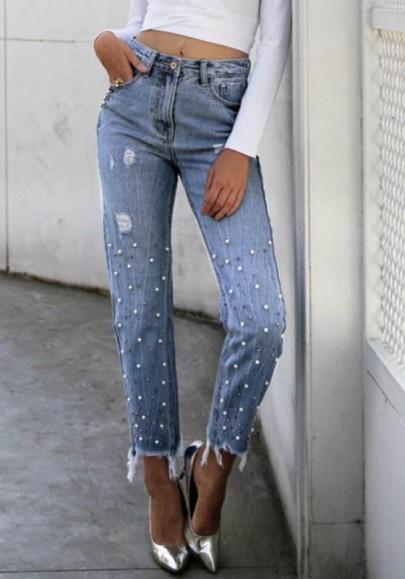 Pantalones Vaqueros Largos Bolsillos Rebordeados Borla Con Cremallera Azul
