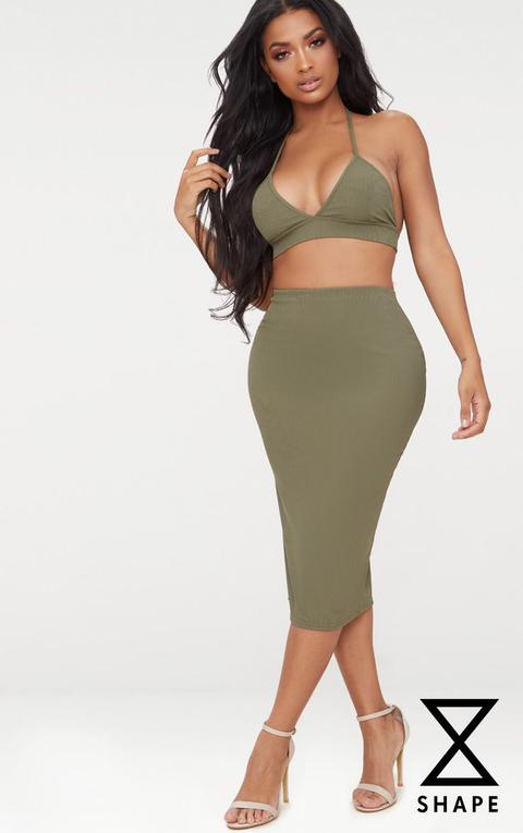 Shape Khaki Ribbed Midi Skirt