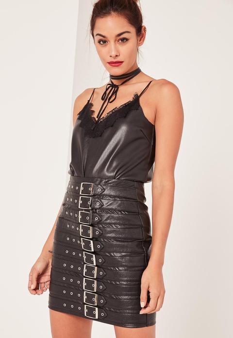 Black Faux Leather Buckle Detail Mini Skirt