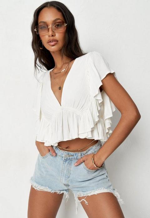 Cream Frill Sleeve Plunge Top, Cream