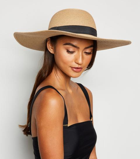 Tan Woven Straw Effect Floppy Hat New Look