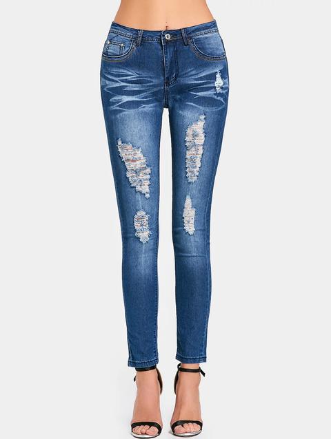 Jeans Aderenti A Vita Alta Strappati Deep Blue