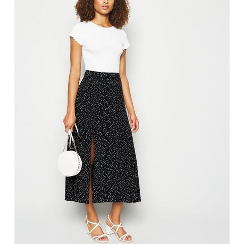 Tall Jupe Mi Longue Noire A Pois Et Fendue Sur Le Cote From New Look On 21 Buttons