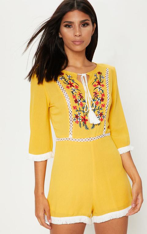 Yellow Embroidered Tassel Playsuit