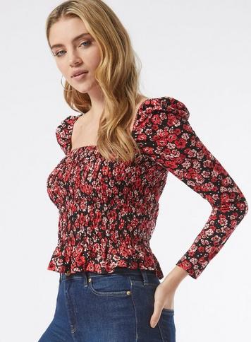 Womens Red Floral Shirred Peplum Top, Red