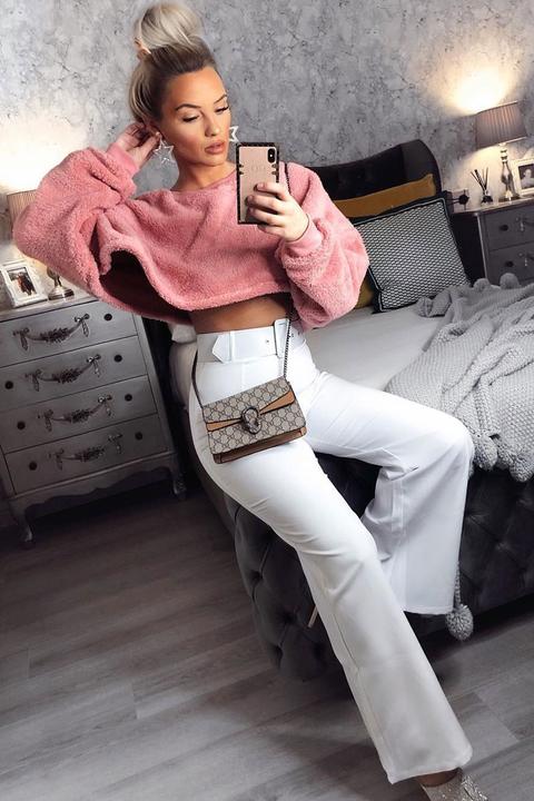 Pink Fluffy Long Sleeve Crop Jumper - Noura