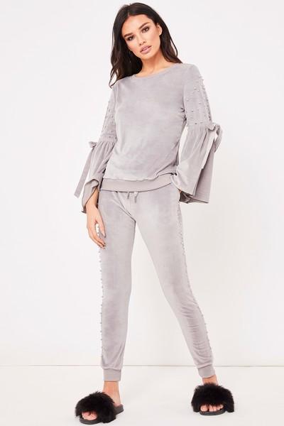 Olivia Grey Pearl Embellished Velour Loungewear Set