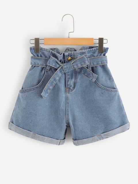 Shorts In Denim Con Orlo Arrotolato E Cinture