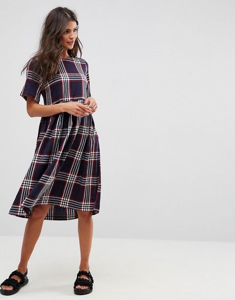 Vestido Midi Amplio De Manga Corta A Cuadros De Asos