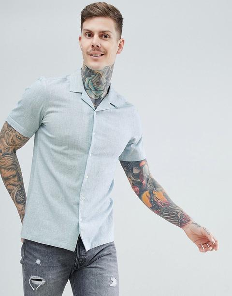 Asos Design Stretch Slim Cotton Linen Shirt With Revere Collar In Pale Green - Blue