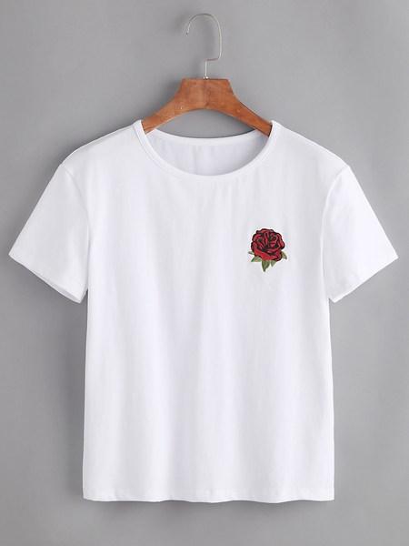 Camiseta De Mangas Cortas Con Bordado De Rosa - Blanco