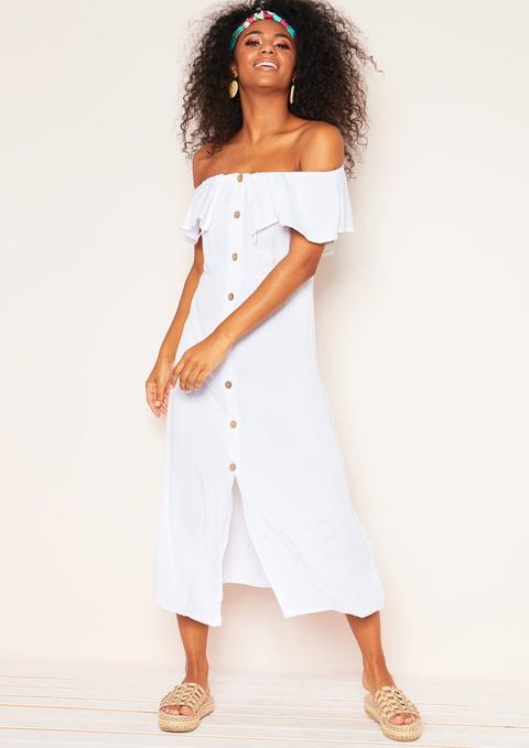 Ophelia White Bardot Frill Button Midi Dress