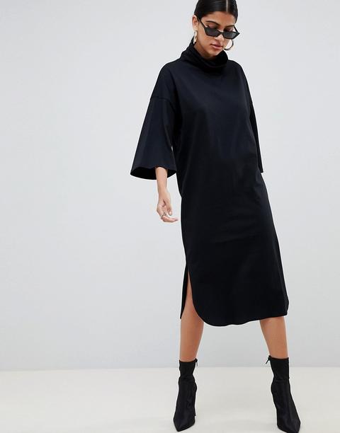 Asos Design High Neck Midi Swing Dress With Trumpet Sleeves
