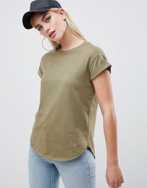 Asos Design - T-shirt Boyfriend Con Maniche Con Risvolto E Fondo Arrotondato Kaki - Verde