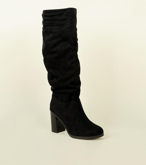 Black Block Heel Knee High Boots New 