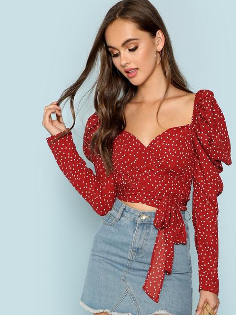 Puff Sleeve Wrap Polka Dot Crop Top