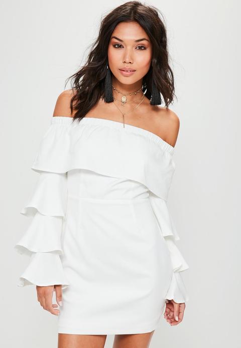 White Bardot Ruffle Sleeve Bodycon Dress, White
